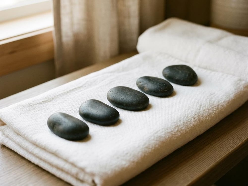 Five smooth dark basalt stones lined up on a folded white towel