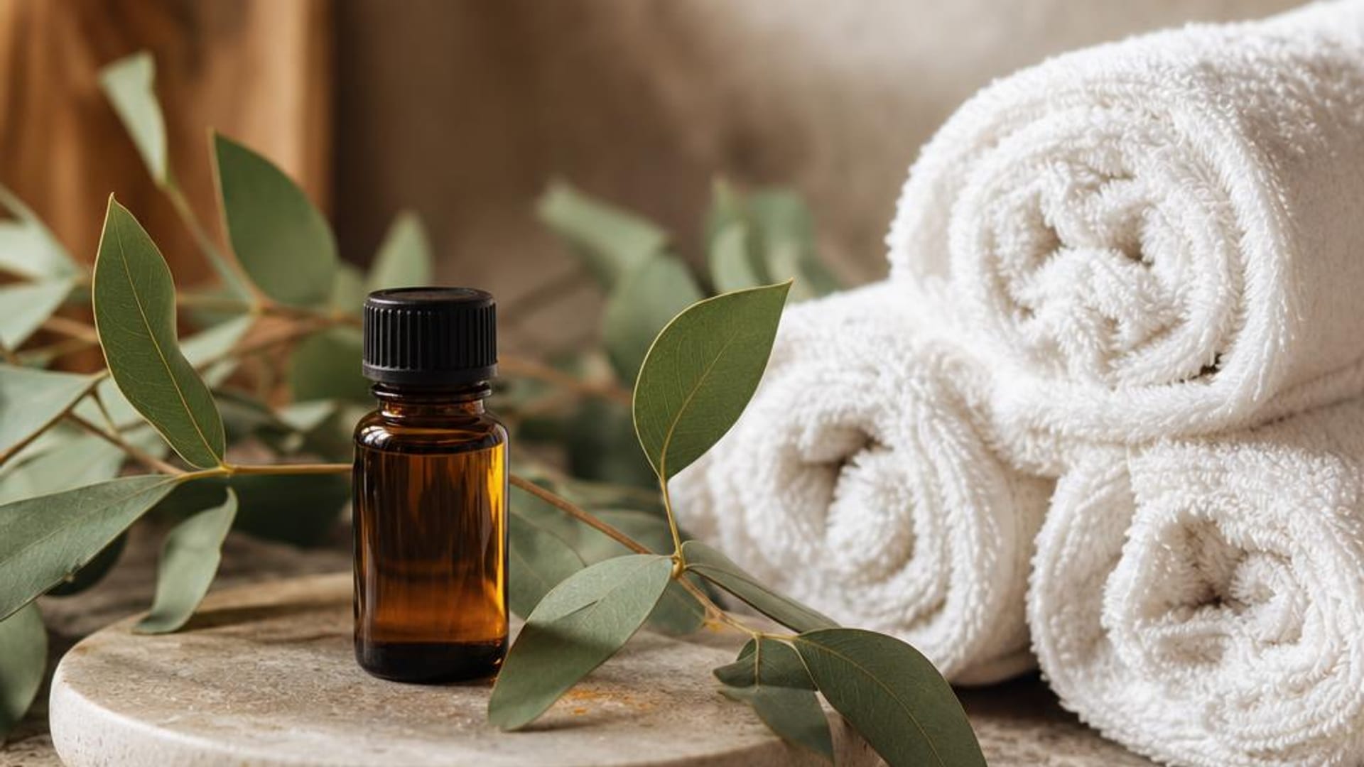 Eucalyptus, rolled towels, and an amber oil bottle on stone