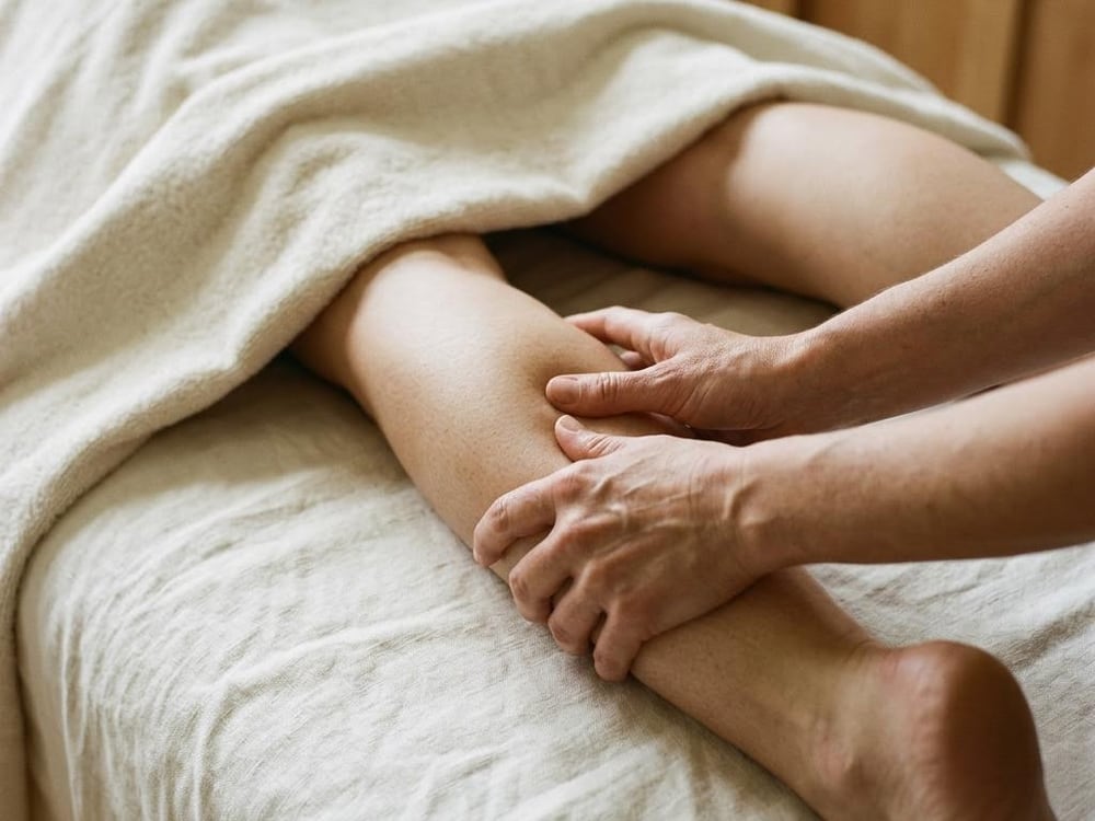 Hands massaging a calf resting on ivory linen beneath a towel