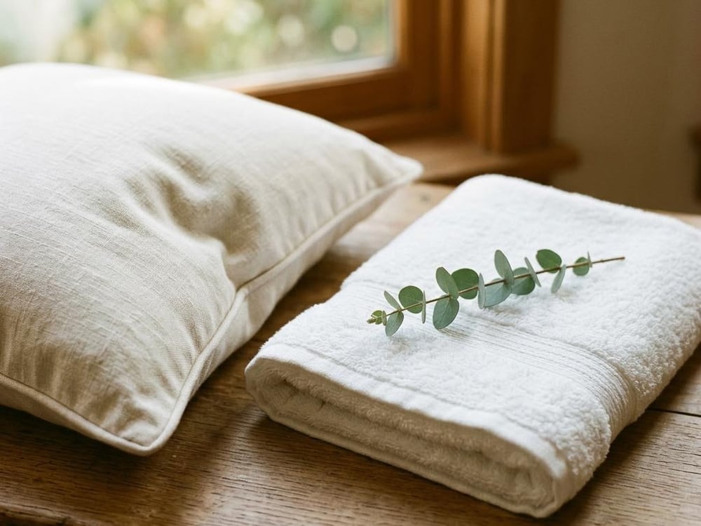 An ivory linen pillow beside a folded towel and eucalyptus sprig