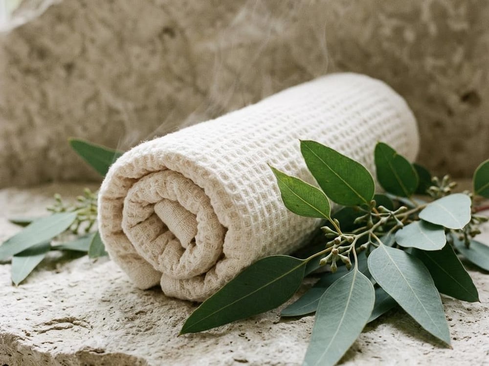 A rolled white towel with eucalyptus sprigs and wisps of steam on pale stone