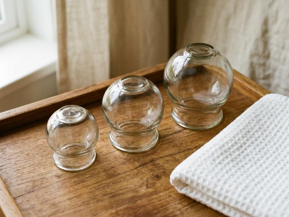 Three glass cupping cups on a wooden tray beside a folded white towel