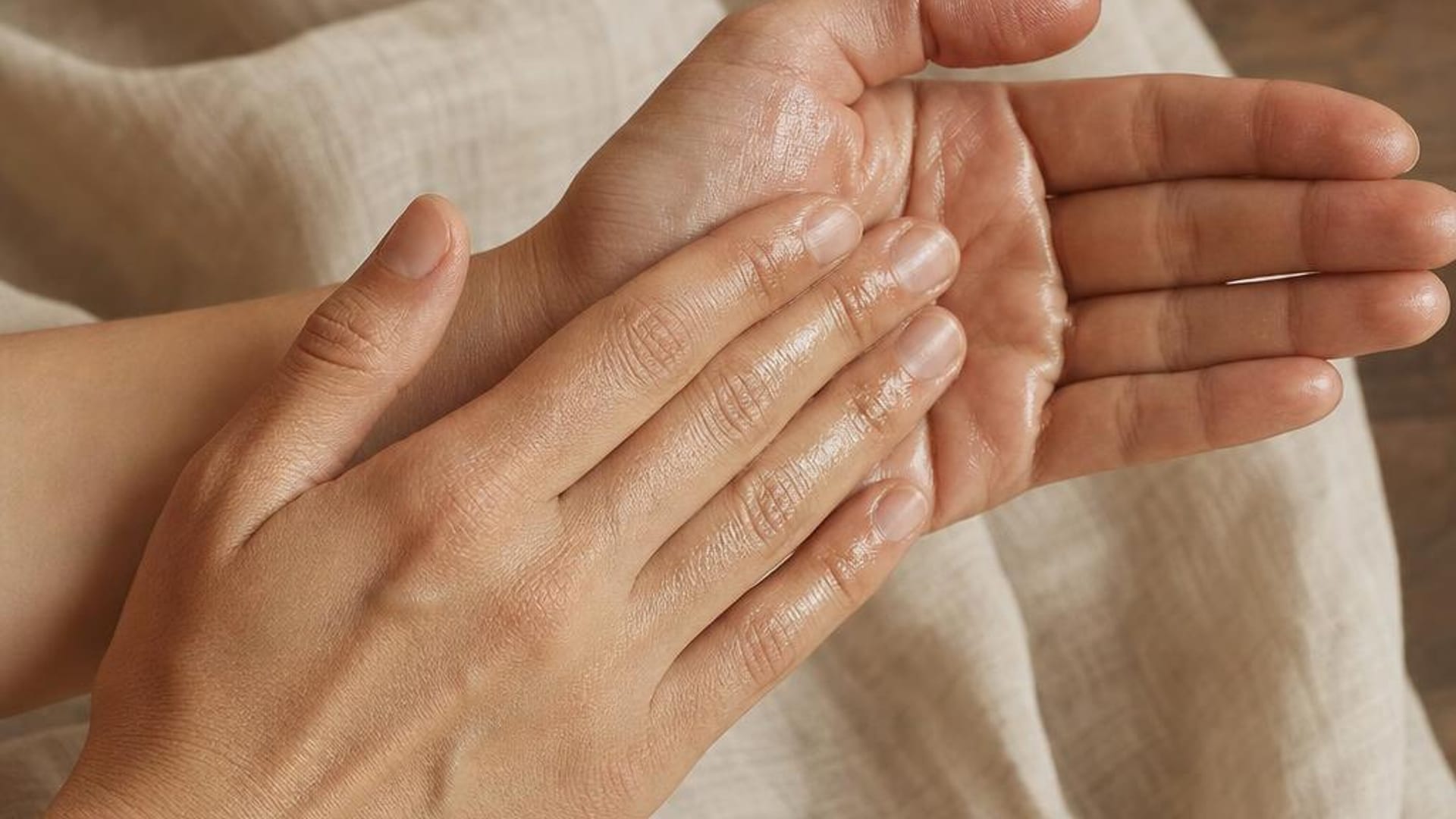Hands warming oil between the palms