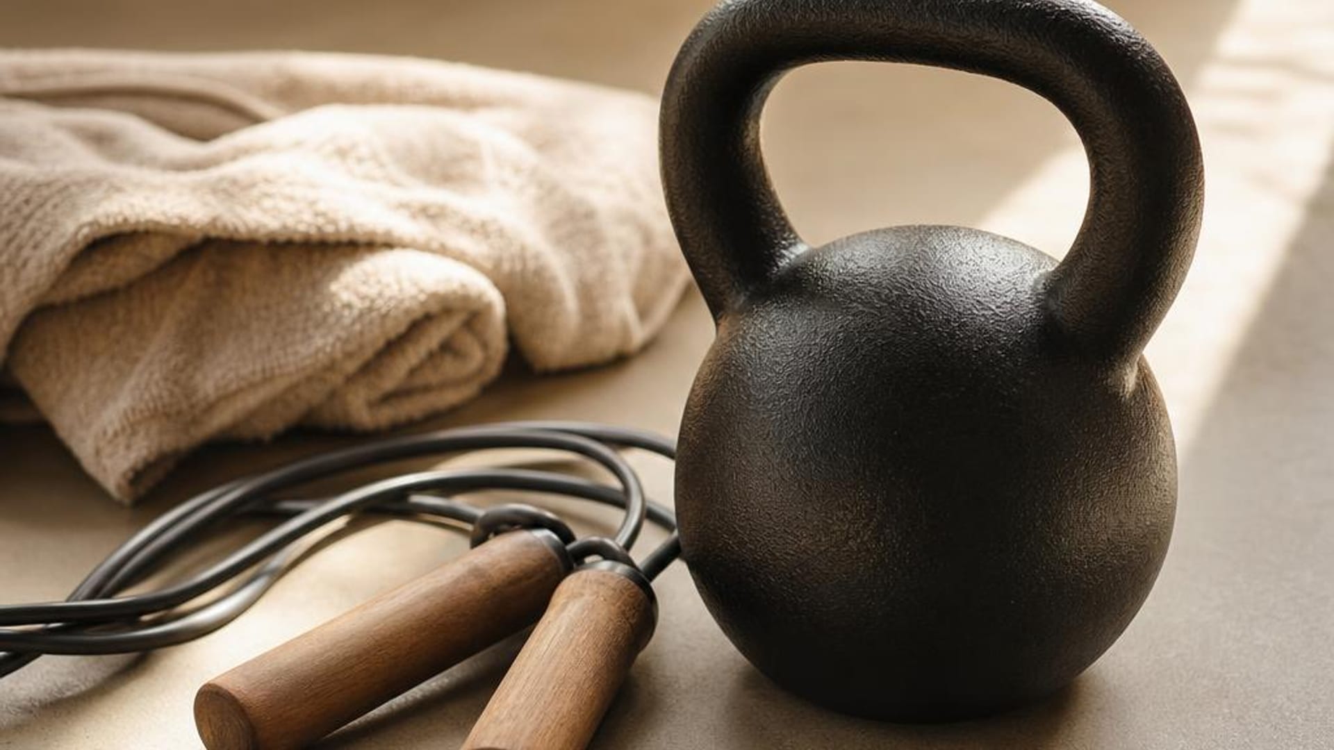 Unmarked kettlebell, jump rope, and towel on a floor