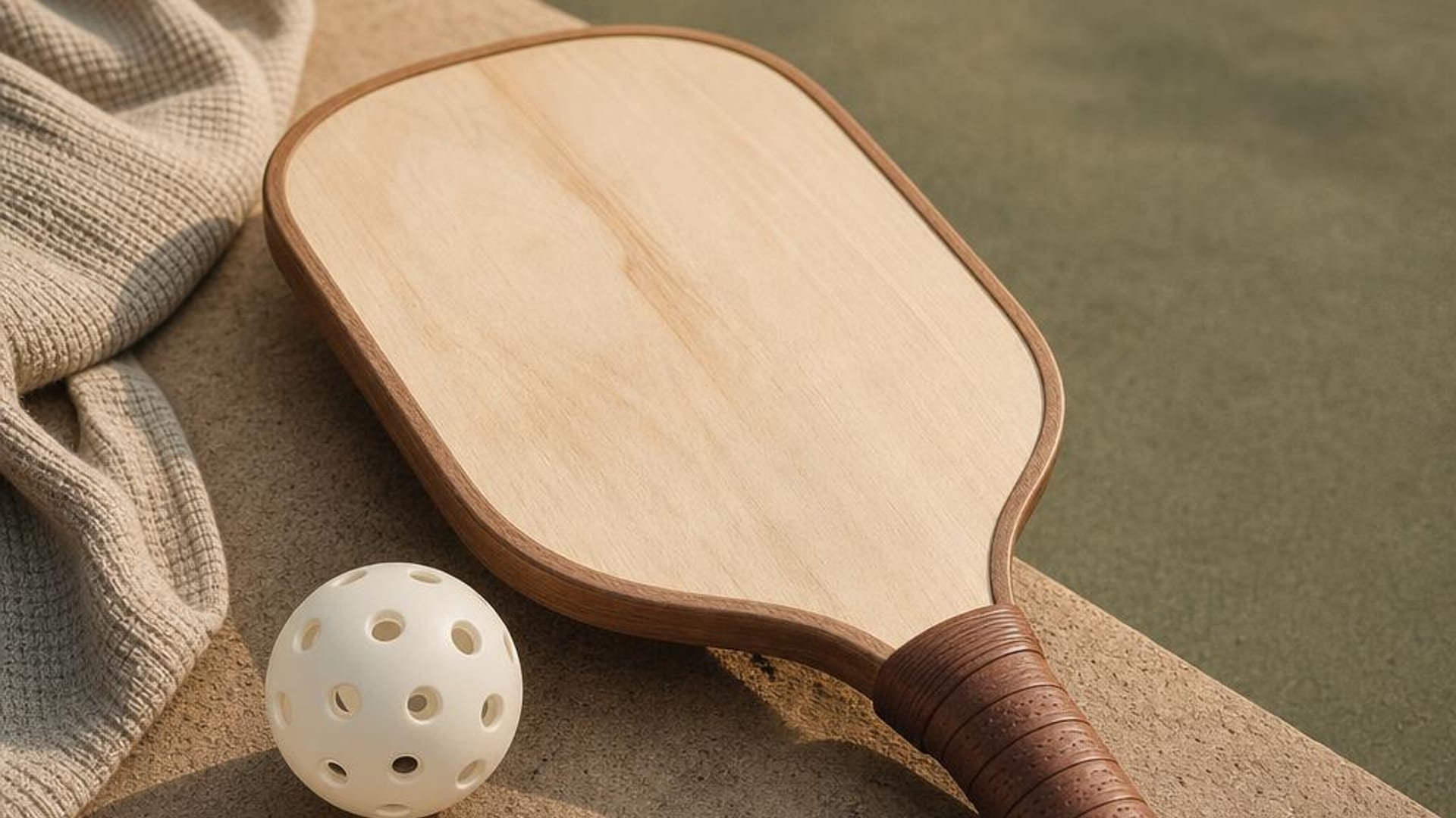 Plain pickleball paddle and ball at a court edge