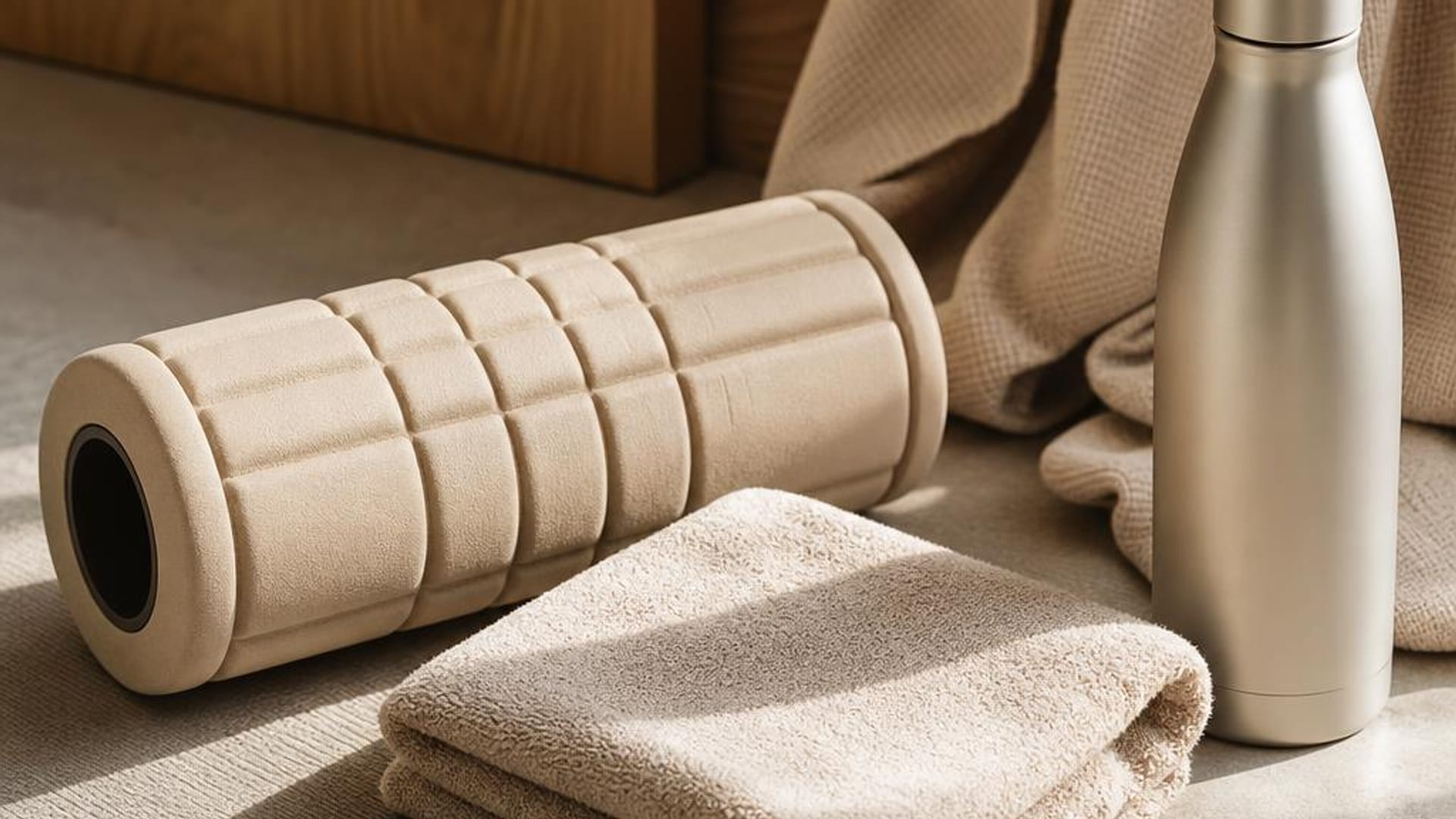 Foam roller, plain water bottle, and folded towel