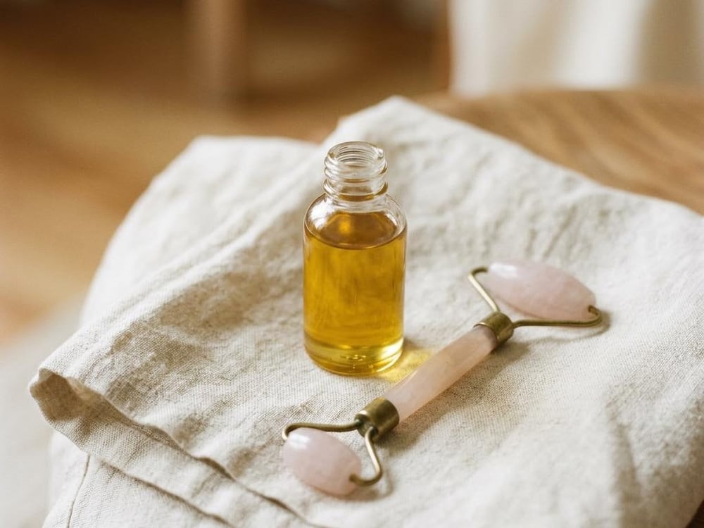 An open glass bottle of golden oil beside a rose quartz facial roller on folded ivory linen