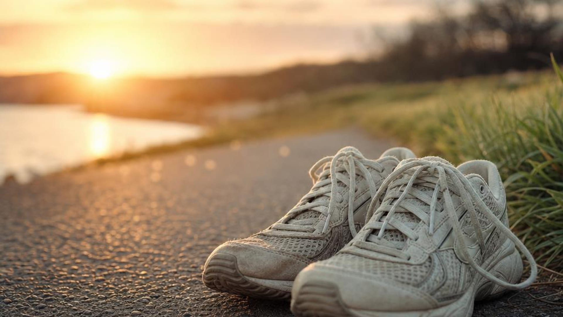 Plain worn running shoes on pavement in sunrise light