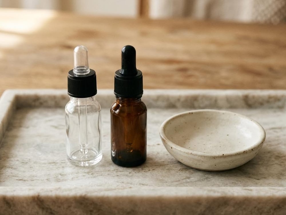 Clear and amber glass dropper bottles beside a ceramic dish on a pale marble tray