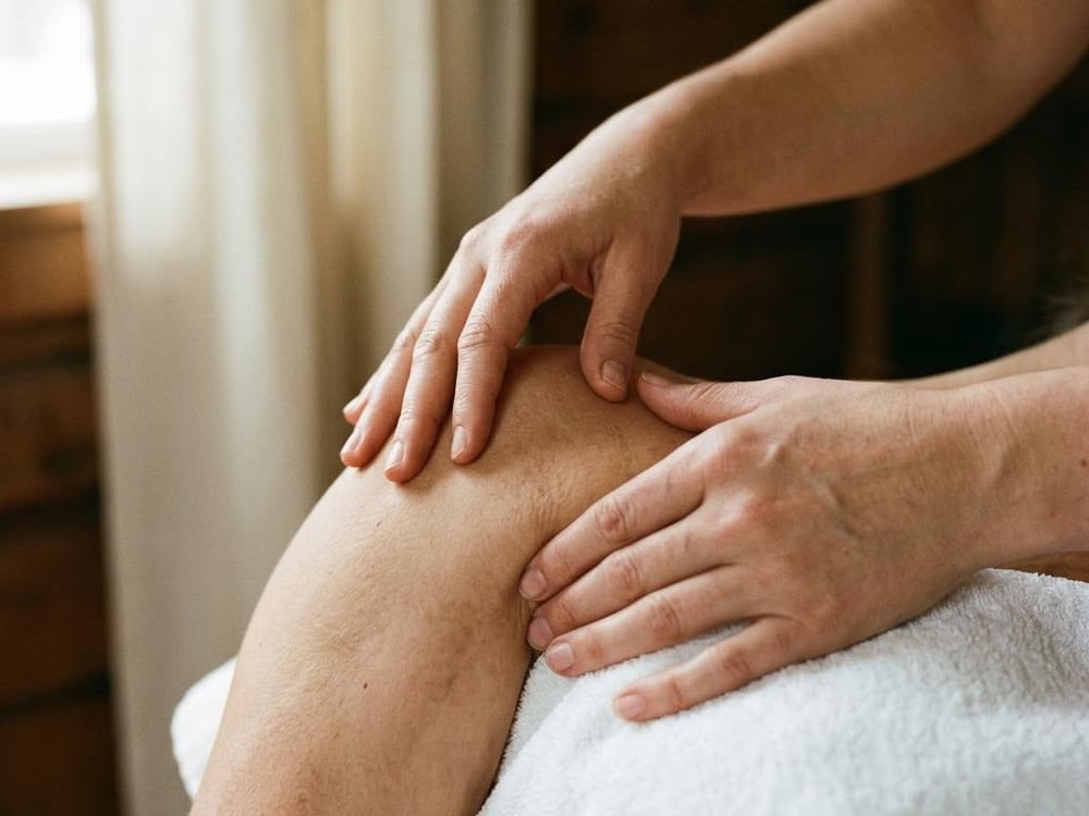 Hands applying pressure to a shoulder above a white towel