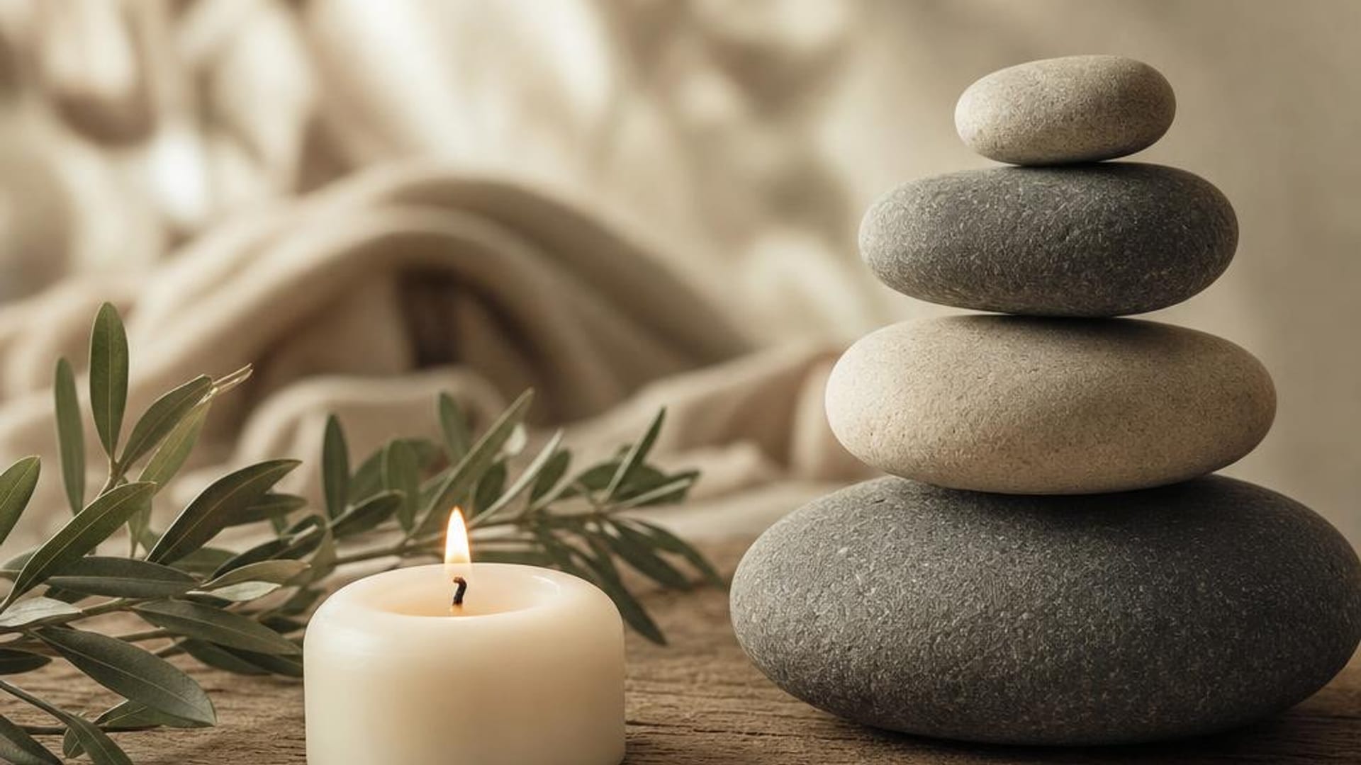 Stacked stones, greenery, and a lit candle