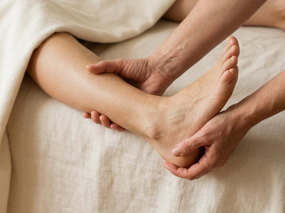 Hands supporting a calf and heel above ivory linen during a gentle stretch