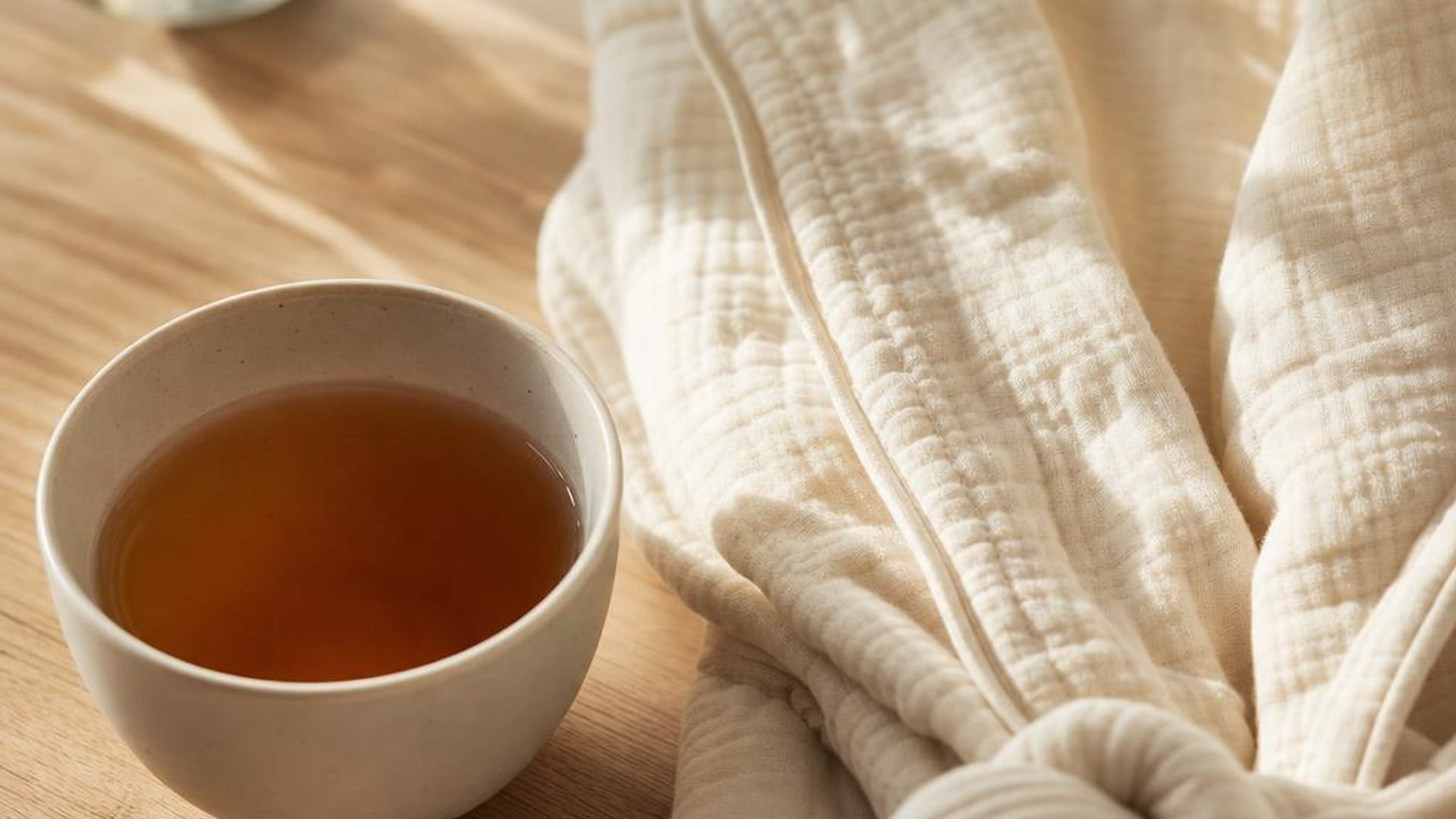 A cup of tea beside a folded ivory robe